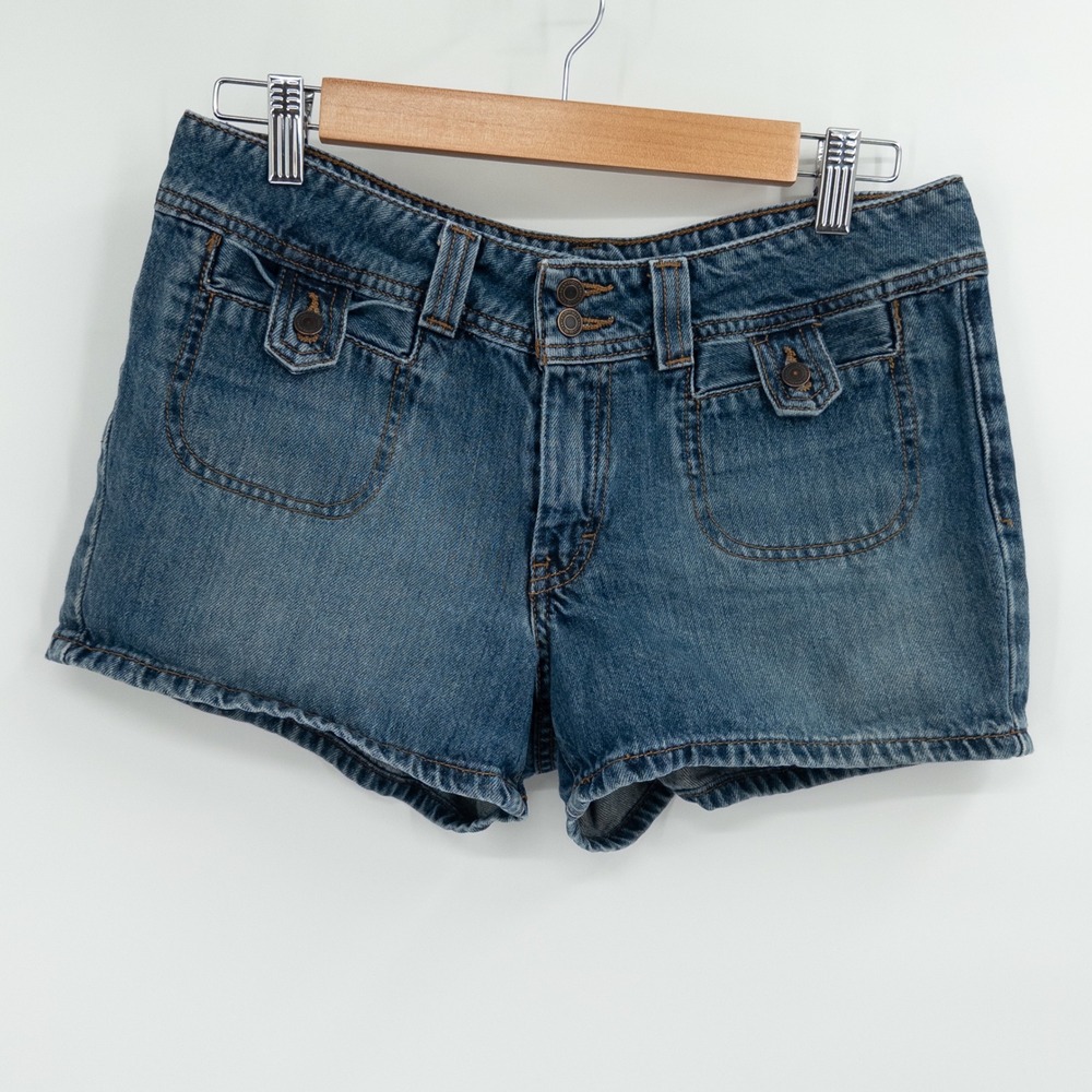 Y2K American Eagle Denim Shorts Womens 6 Blue Low Rise Double Button Retro Indie